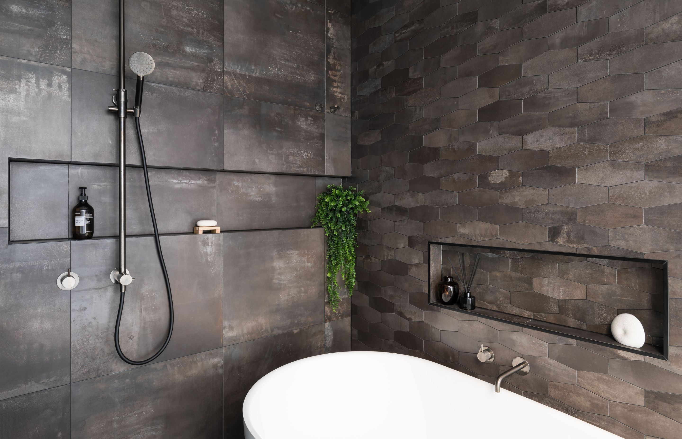Ensuite Bathroom - tiled niches, the one above the bath has LED lighting