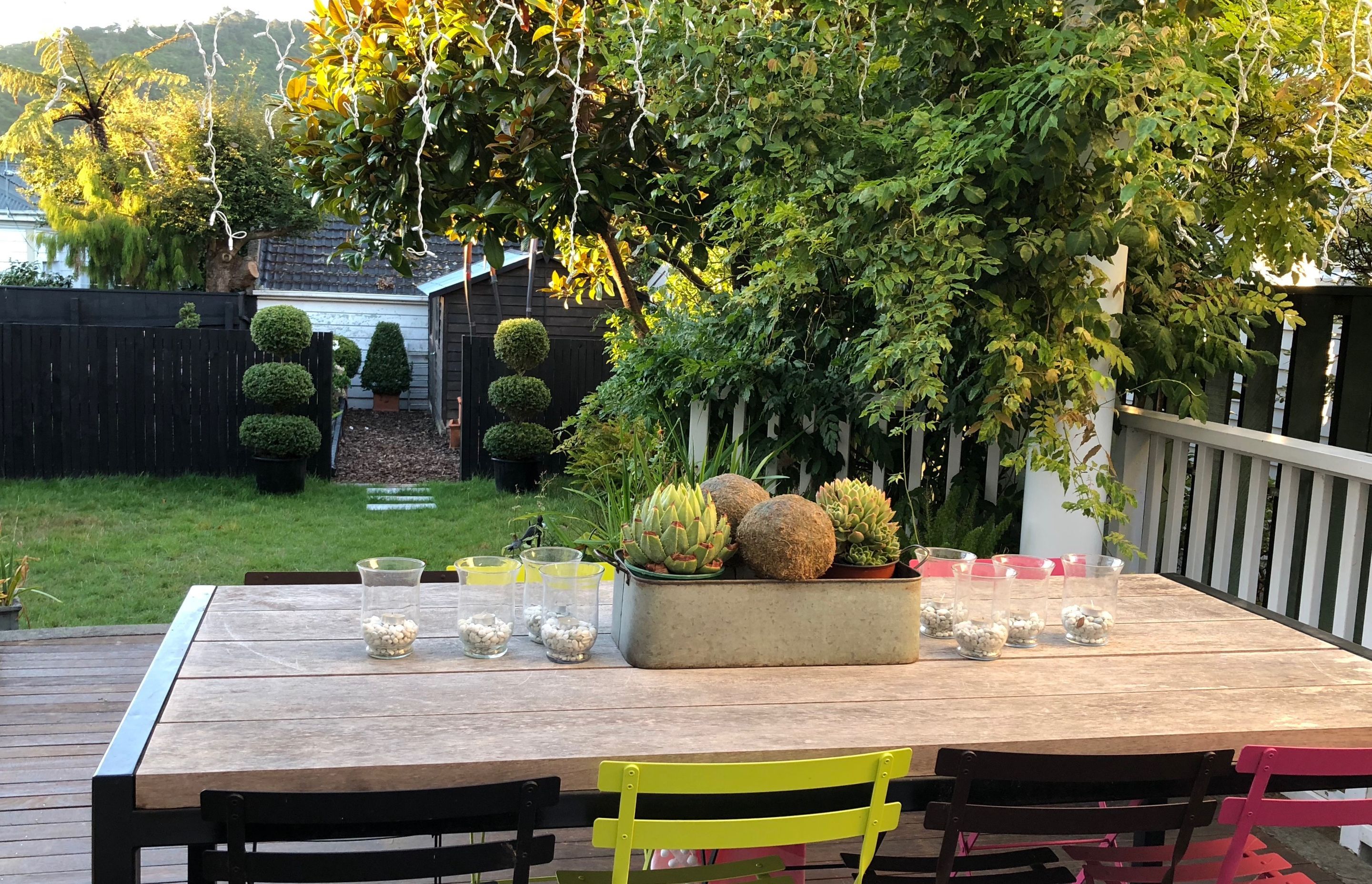 Outdoor dining area under the cover of glass