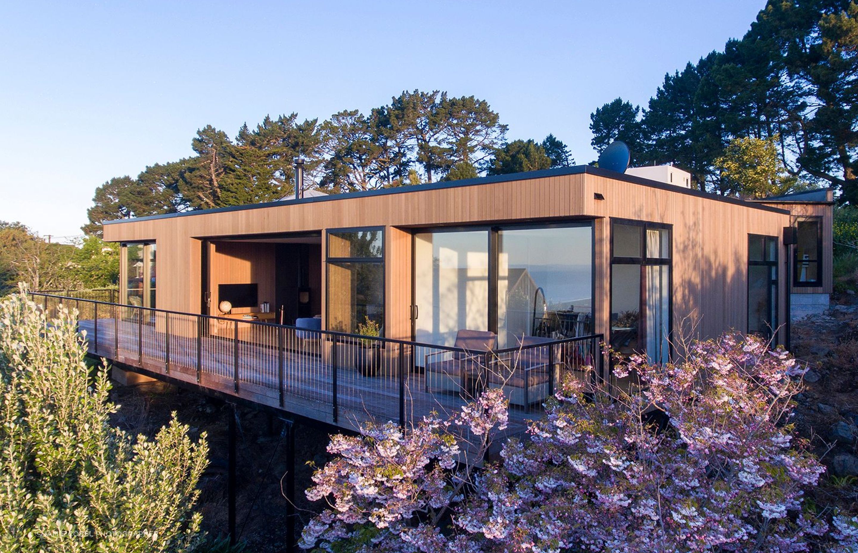 Mature cherry blossoms and fruit trees on the site have helped to quickly bed the new house into the surroundings.
