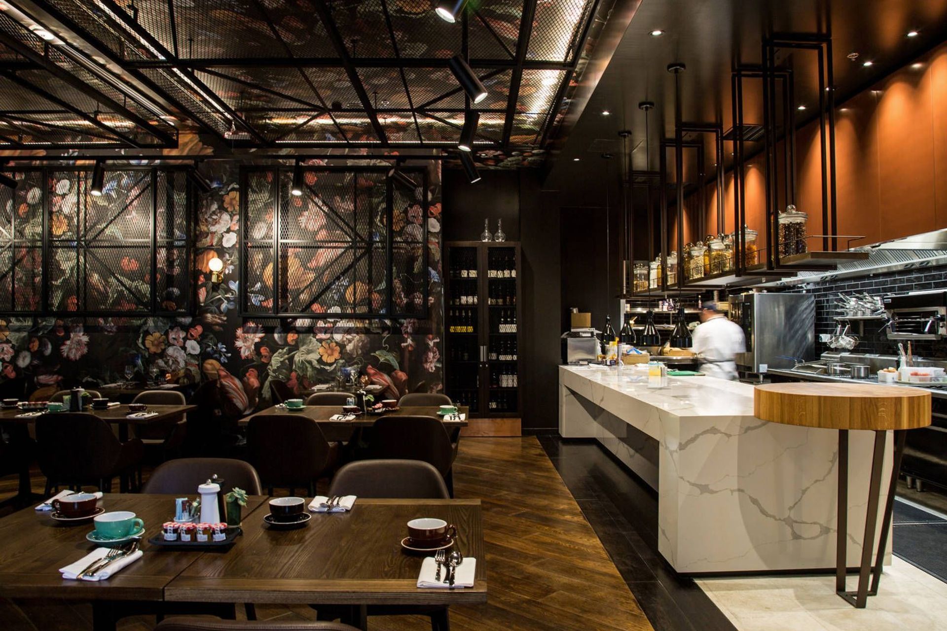 The breakfast buffet transforms to a chef's table in the evening providing for many moods in the restaurant