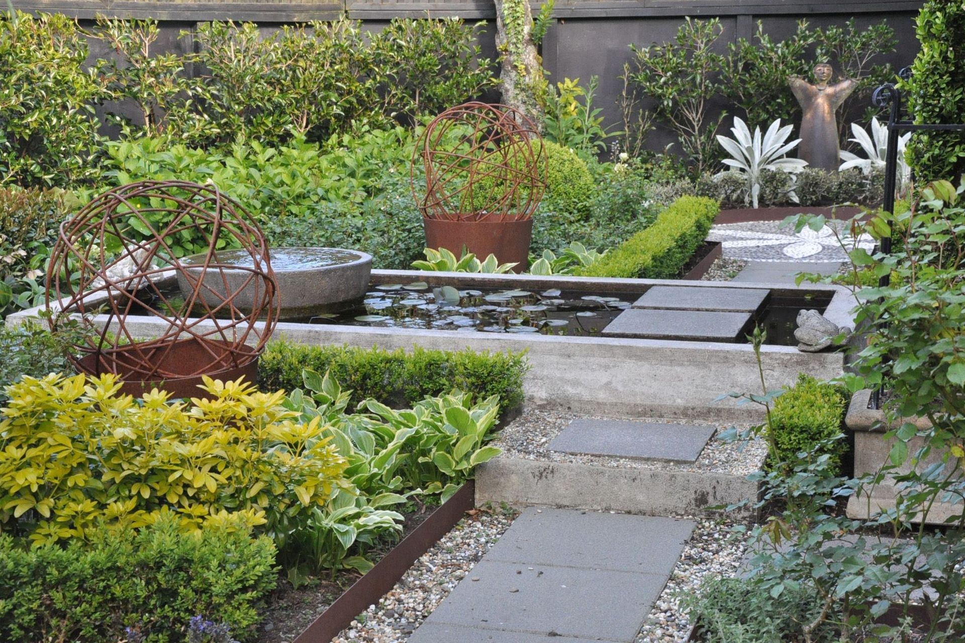 Paved pathway set into gravel chip and CorTen steel garden edging looking toward fountain. Planting includes Ajuga reptans, Buxus 'green gem' and Choisya ternata 'sundance'. Wire balls surround the pond.