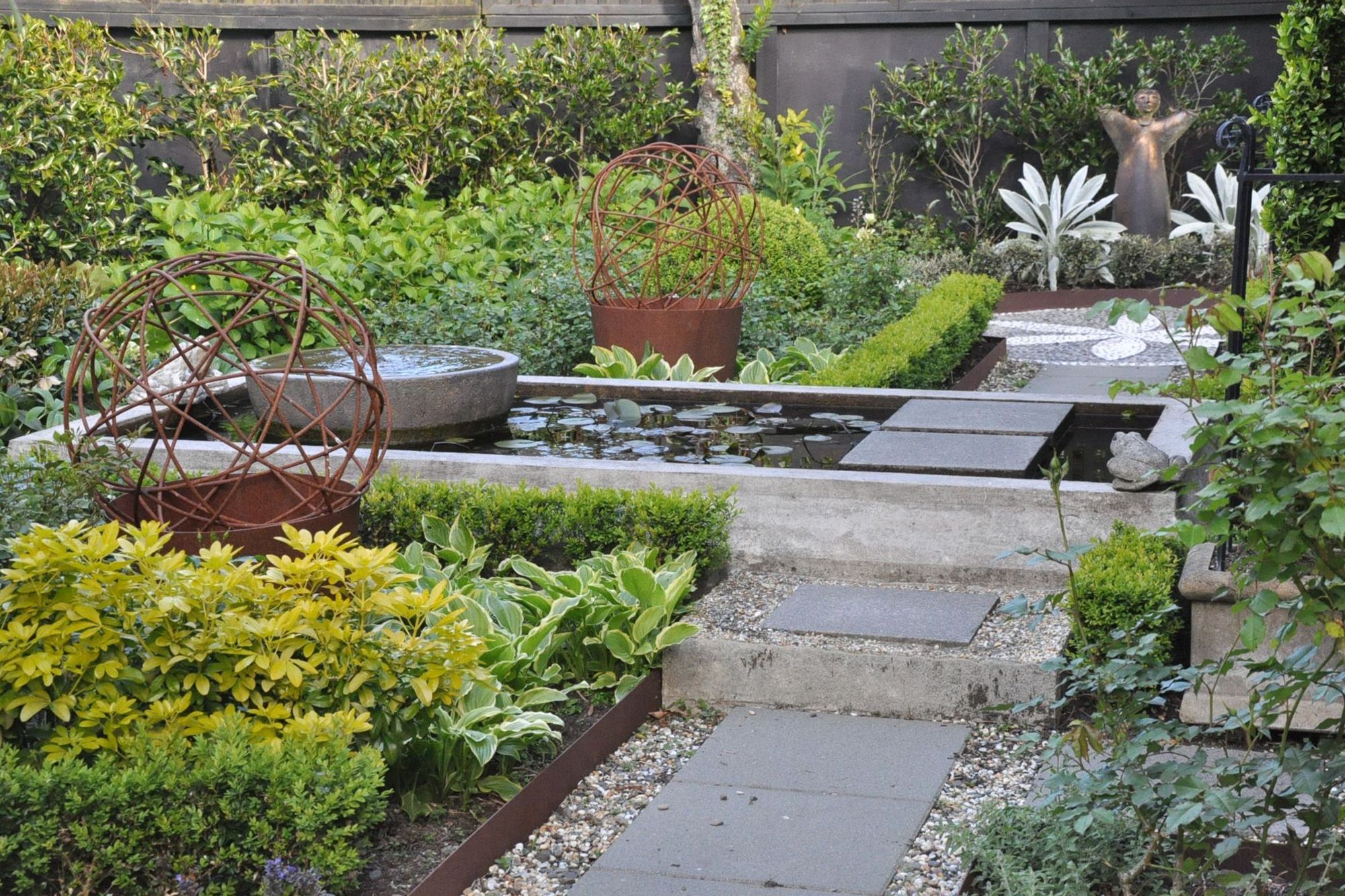 Paved pathway set into gravel chip and CorTen steel garden edging looking toward fountain. Planting includes Ajuga reptans, Buxus 'green gem' and Choisya ternata 'sundance'. Wire balls surround the pond.