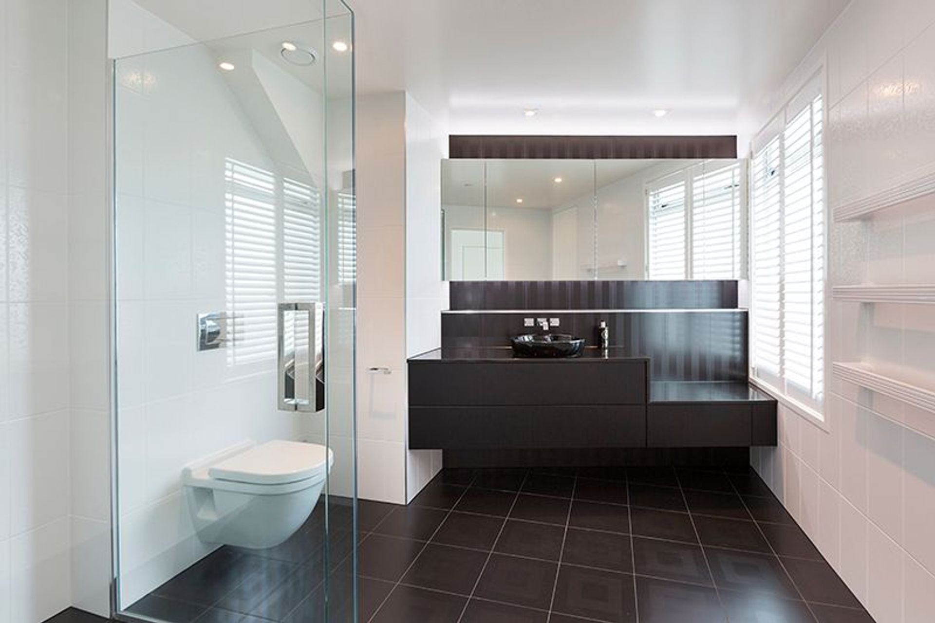 Master ensuite, custom vanity design to accommodate existing window position