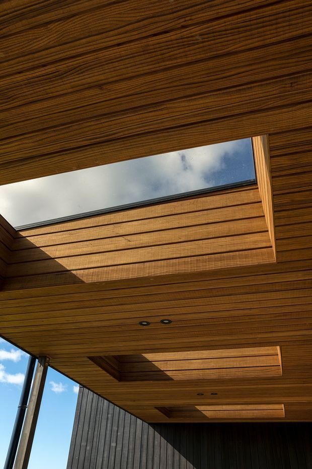 Upward-looking architectural detail beneath a deep timber-lined soffit or roof overhang. Multiple rectangular skylight openings bring in daylight and reveal blue sky, while recessed downlights are integrated into the warm wood ceiling. Dark vertical wall cladding and slim glazed framing are visible at the edges, suggesting a covered outdoor transition or terrace.