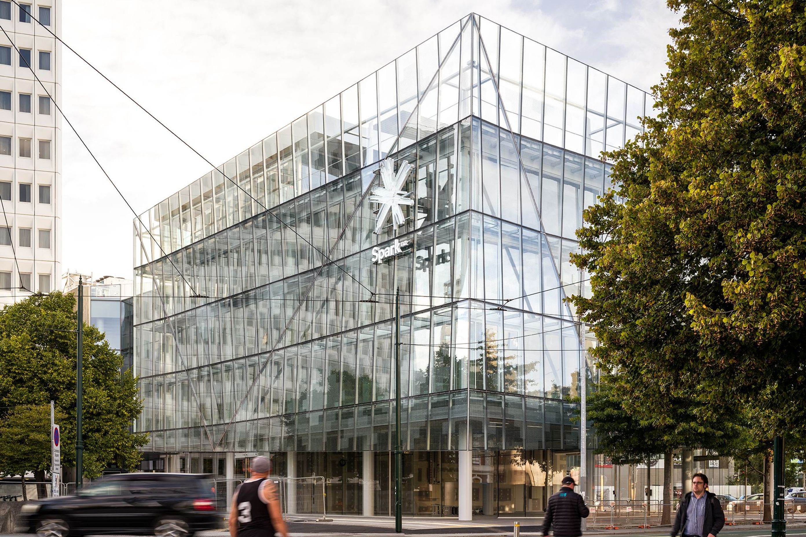 The five-storeyed building links Cathedral Square to the city's retail precinct with a ground floor lobby and high-end retail and hospitality spaces.