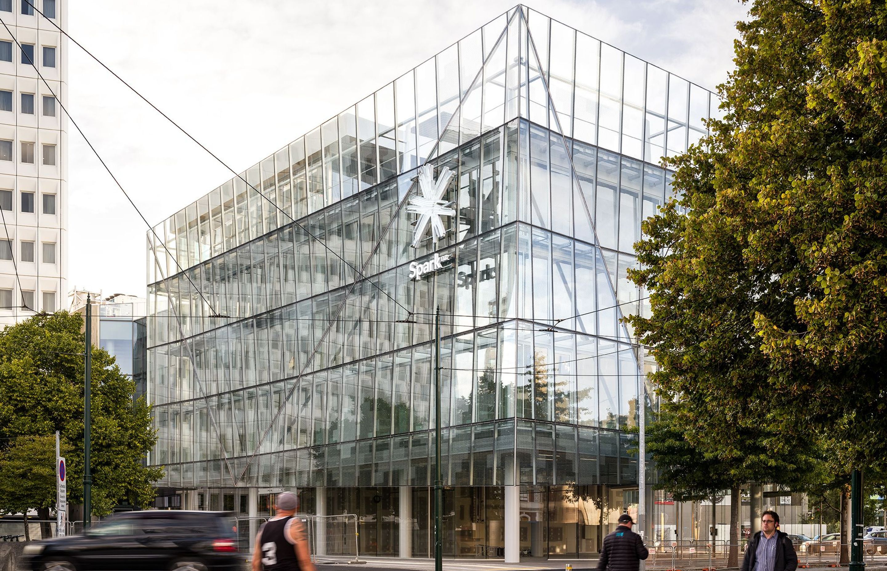 The five-storeyed building links Cathedral Square to the city's retail precinct with a ground floor lobby and high-end retail and hospitality spaces.