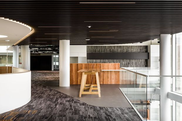A contemporary commercial interior, likely a lobby or shared workplace, with a dramatic dark linear timber-slat ceiling, curved white reception or circulation wall, white structural columns, glazed balustrades, patterned dark carpet, and a timber-clad bar or reception counter. The open-plan space is brightened by extensive glazing and has a refined, minimalist corporate character.
