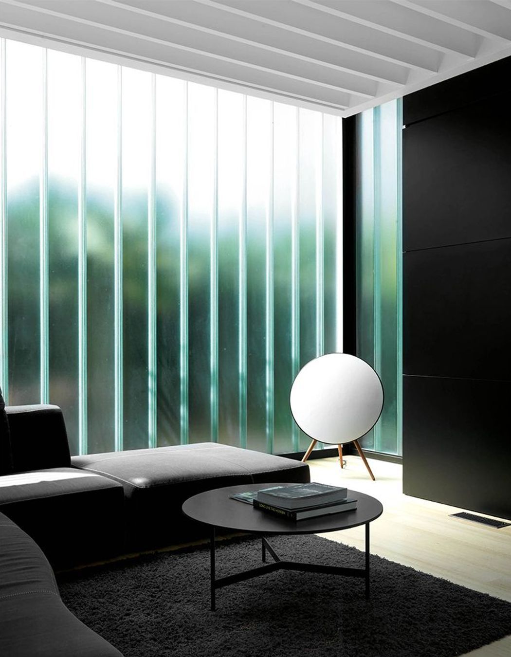 The glass wall admits soft light while providing privacy from neighbours.