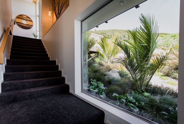 Interior view of a modern stairway with dark carpeted steps ascending alongside a large floor-to-ceiling window. The window overlooks a landscaped garden with palms and native-style planting. Warm timber wall panelling, white walls, recessed ceiling lighting, and a circular timber wall feature add visual interest.