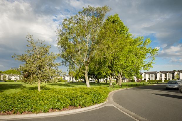 A landscaped suburban residential development viewed from a curved paved roadway, with mature deciduous trees, trimmed hedges, broad lawns, and rows of attached or closely grouped multi-storey homes in the background beneath a dramatic cloudy sky.