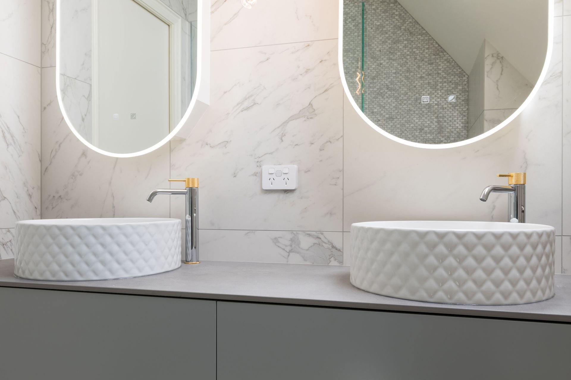 Ensuite Bathroom - marble look porcelain tiles, chrome and gold tapware