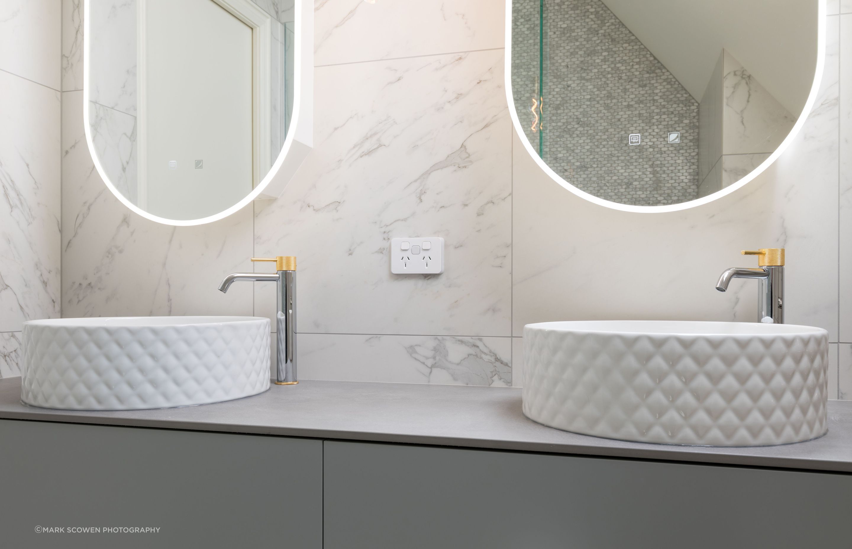 Ensuite Bathroom - marble look porcelain tiles, chrome and gold tapware
