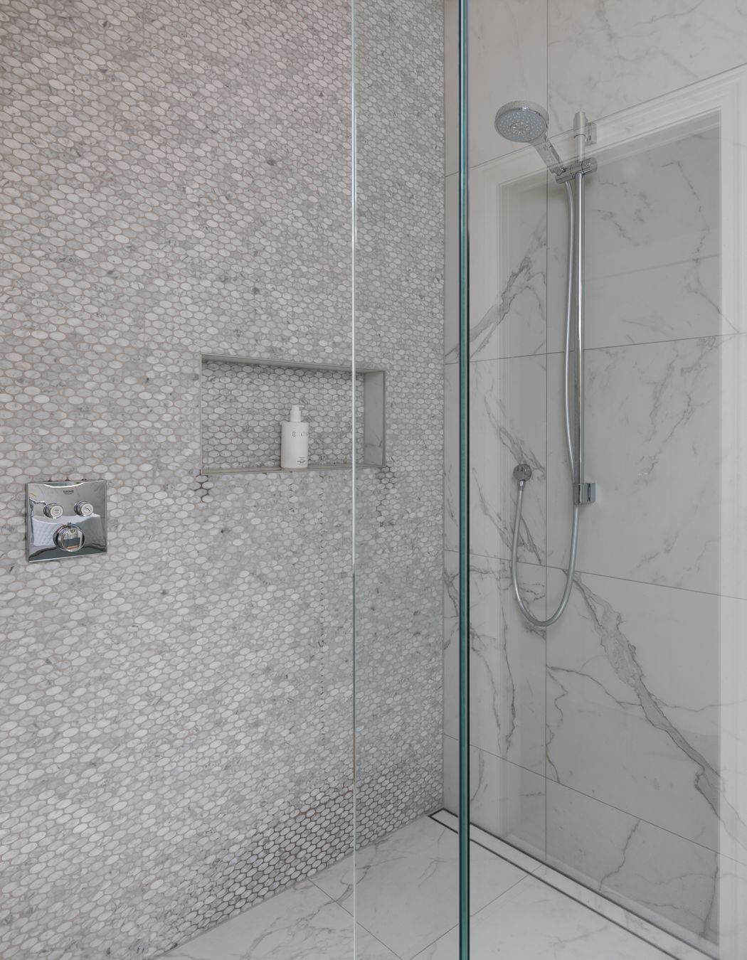 Ensuite Bathroom - walk in shower with tiled channel drain detail