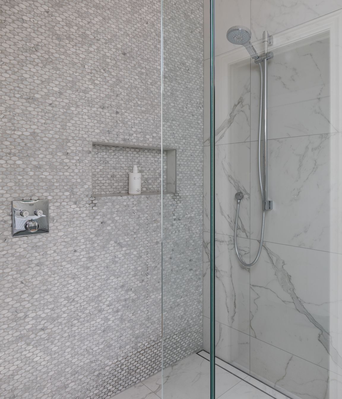 Ensuite Bathroom - walk in shower with tiled channel drain detail