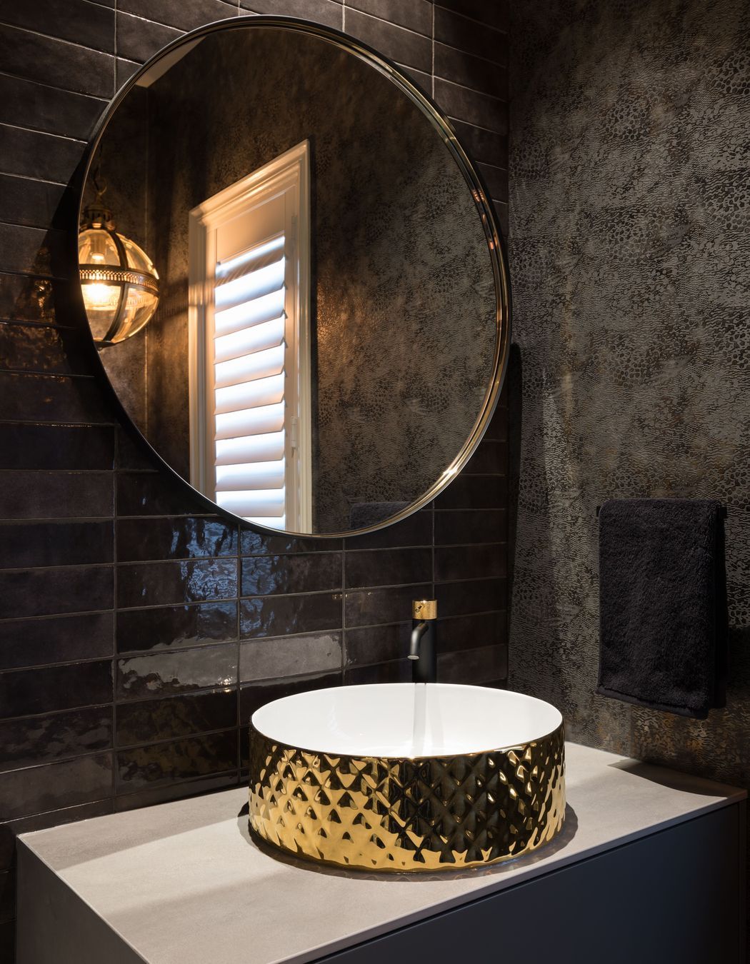 Powder Room - black steel and gold custom made round mirror