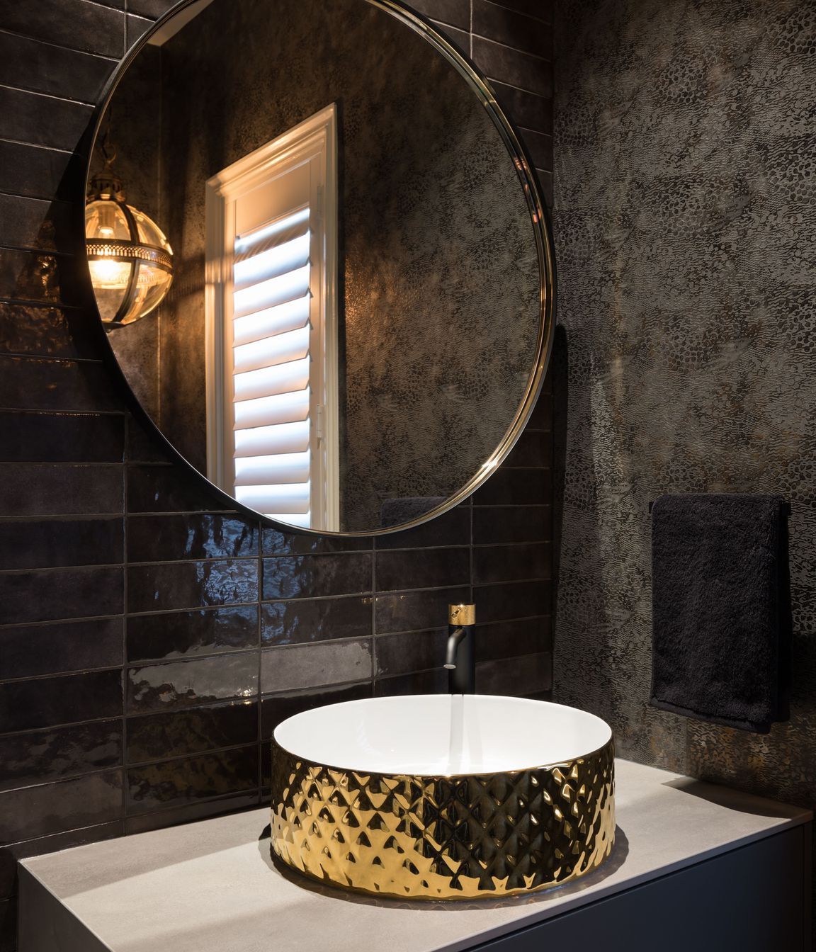 Powder Room - black steel and gold custom made round mirror