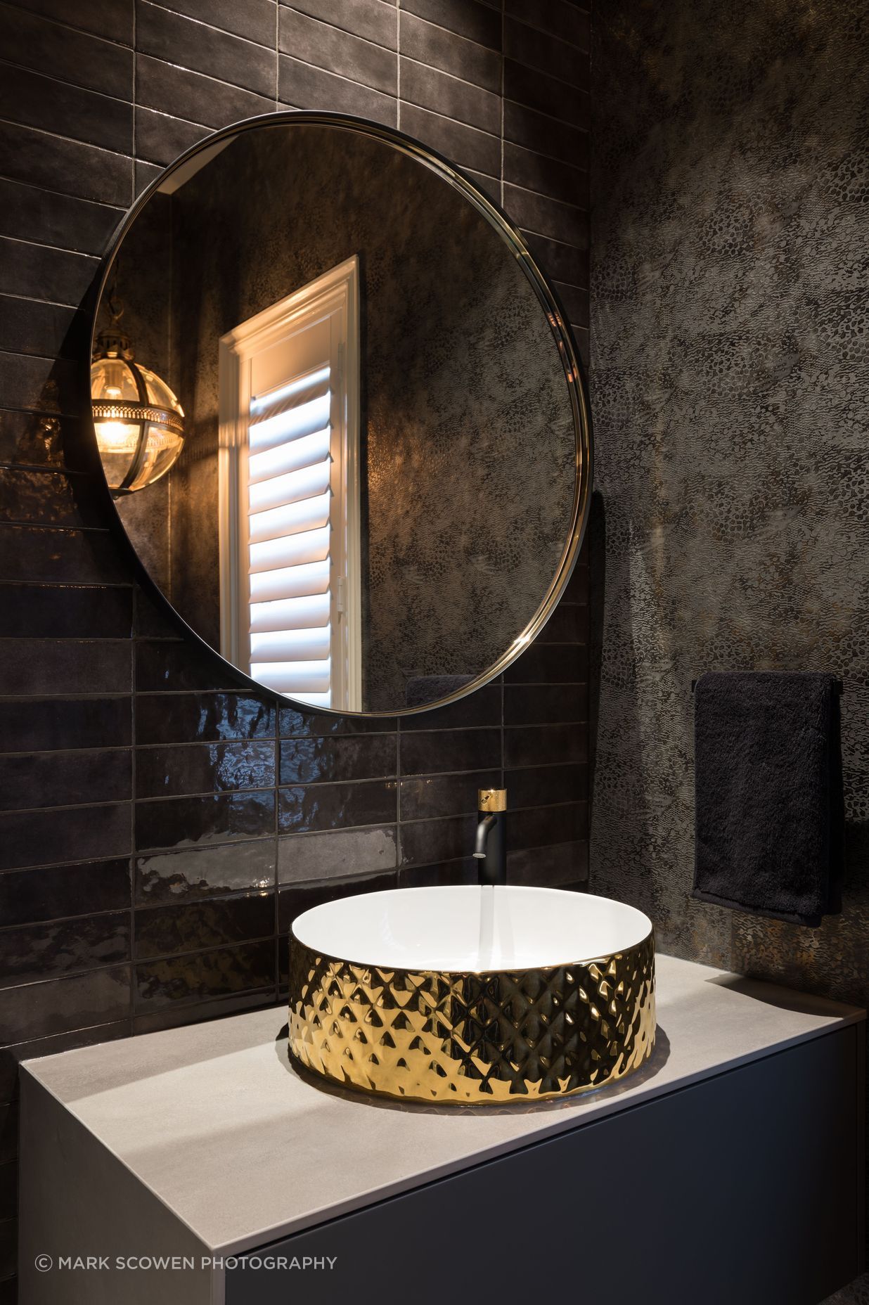 Powder Room - black steel and gold custom made round mirror