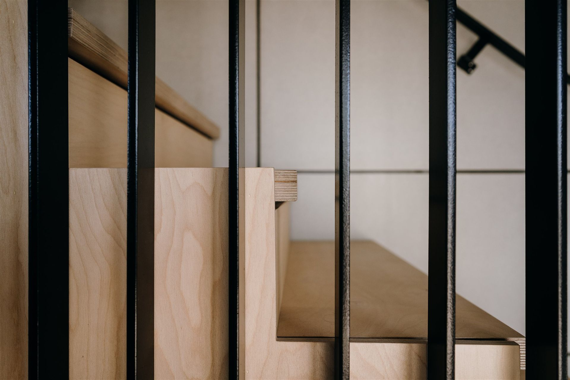 The stairwell forms the centre of the house, with black steel fins and Birch ply stairs.