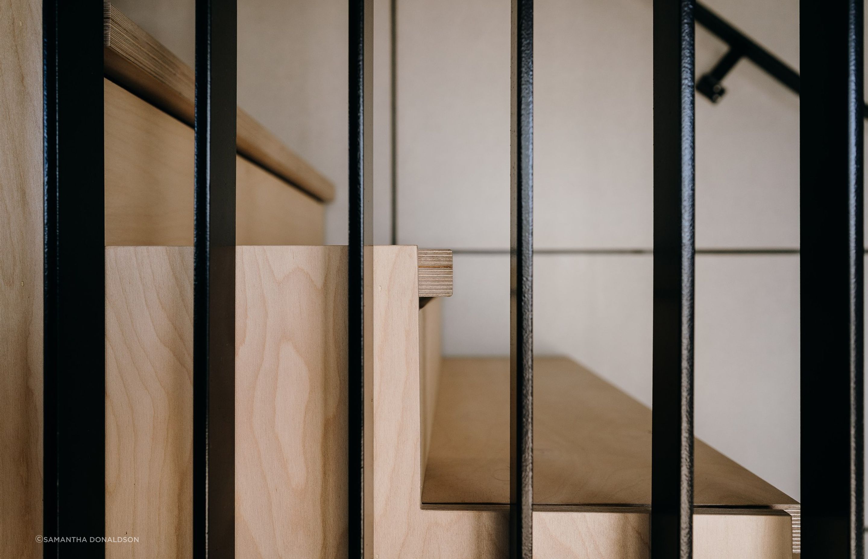 The stairwell forms the centre of the house, with black steel fins and Birch ply stairs. 