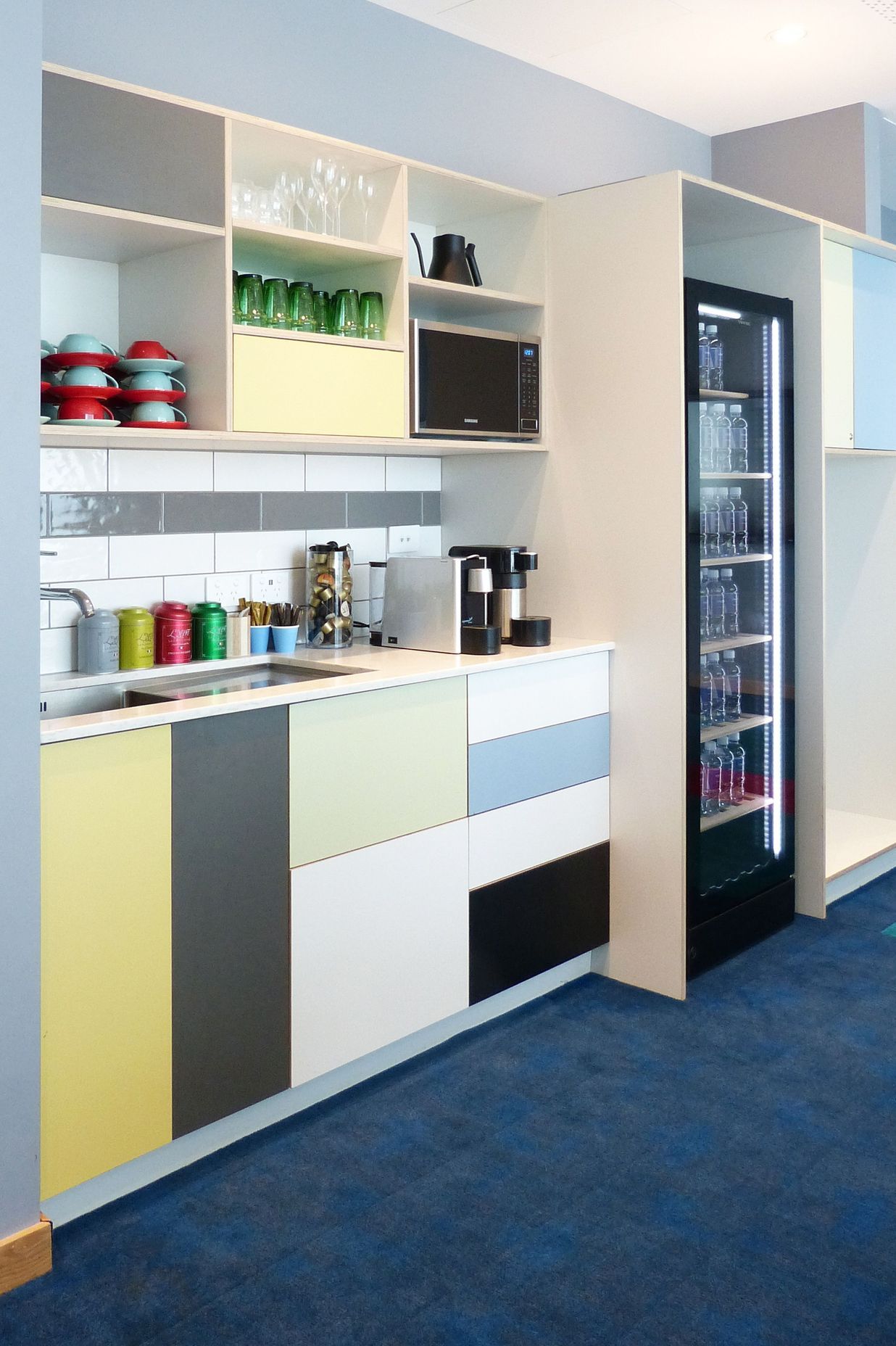 Smaller kitchenettes like these were fitted into each boardroom. Billi instant hot water systems help provide tea and coffee very quickly. Futura ply joinery brings continuity to all the other spaces on level one.
