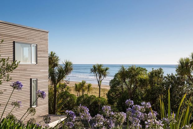 Exterior view of a modern coastal home with horizontal timber-look cladding and tall narrow windows, set among native coastal planting overlooking a sandy beach and ocean. The image highlights the building facade, landscaped garden, and beachfront setting under a clear blue sky.