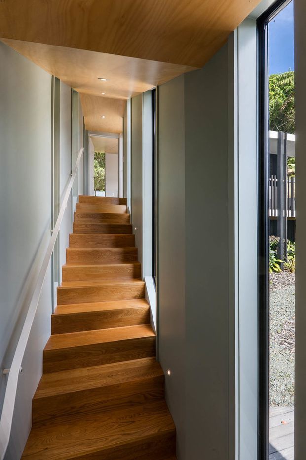 A narrow, contemporary interior stairway with warm timber-clad treads and a matching timber soffit overhead. The staircase is enclosed by smooth pale grey walls, a simple white handrail, recessed ceiling downlights, and tall black-framed glazing along one side overlooking an outdoor area.