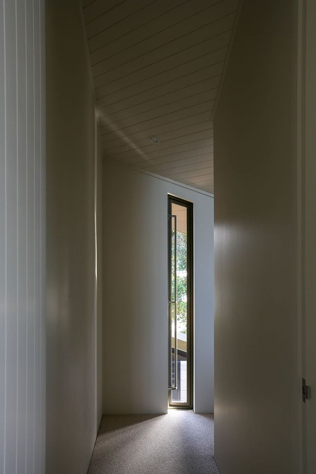 A narrow, softly lit residential hallway leading to a tall, slim glazed door. The corridor has pale painted walls, a light carpeted floor, white vertical wall panelling or door trim at left, and a warm painted timber-lined ceiling with recessed downlights. Exterior greenery is visible beyond the glass door.