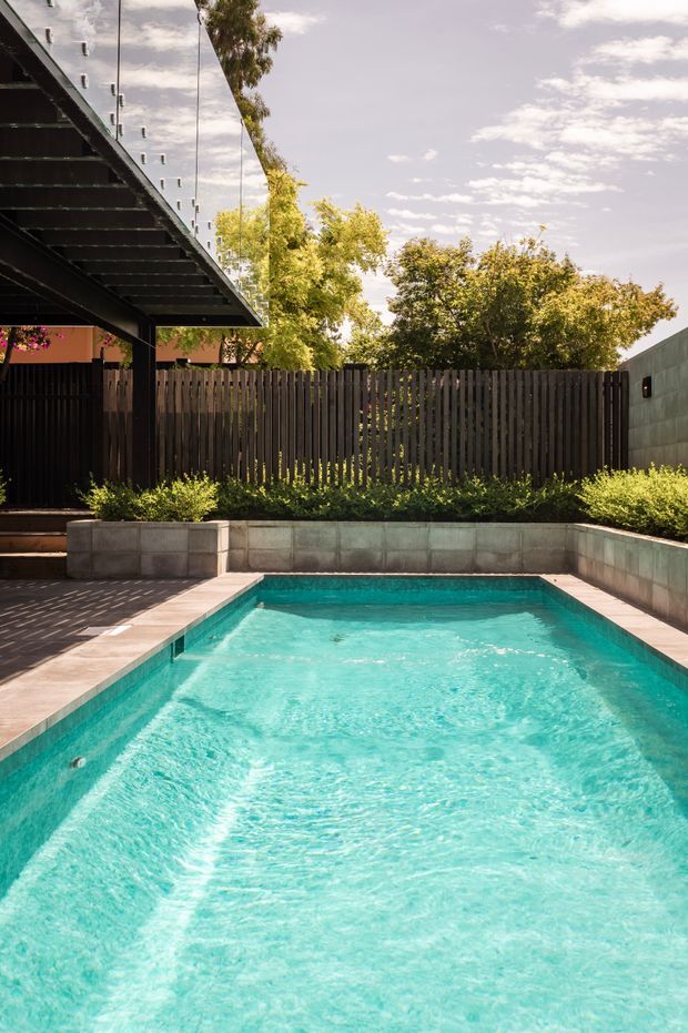 Sunlit landscaped courtyard with a turquoise swimming pool as the central feature. The pool is bordered by pale paving and grey concrete-block retaining walls, with raised planting beds, dense greenery, and a tall dark timber privacy fence. A black steel-framed covered structure with a transparent roof edge is visible at left.