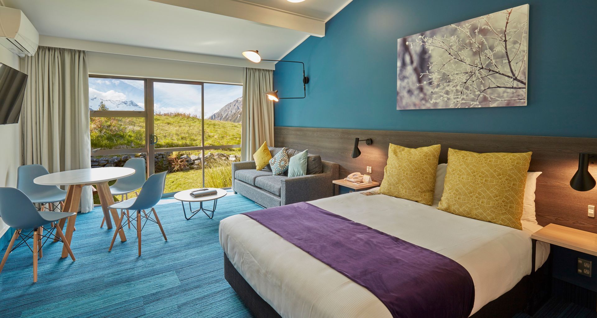 Drawing the outside in with palette and patterns, rooms vary in colour themes.