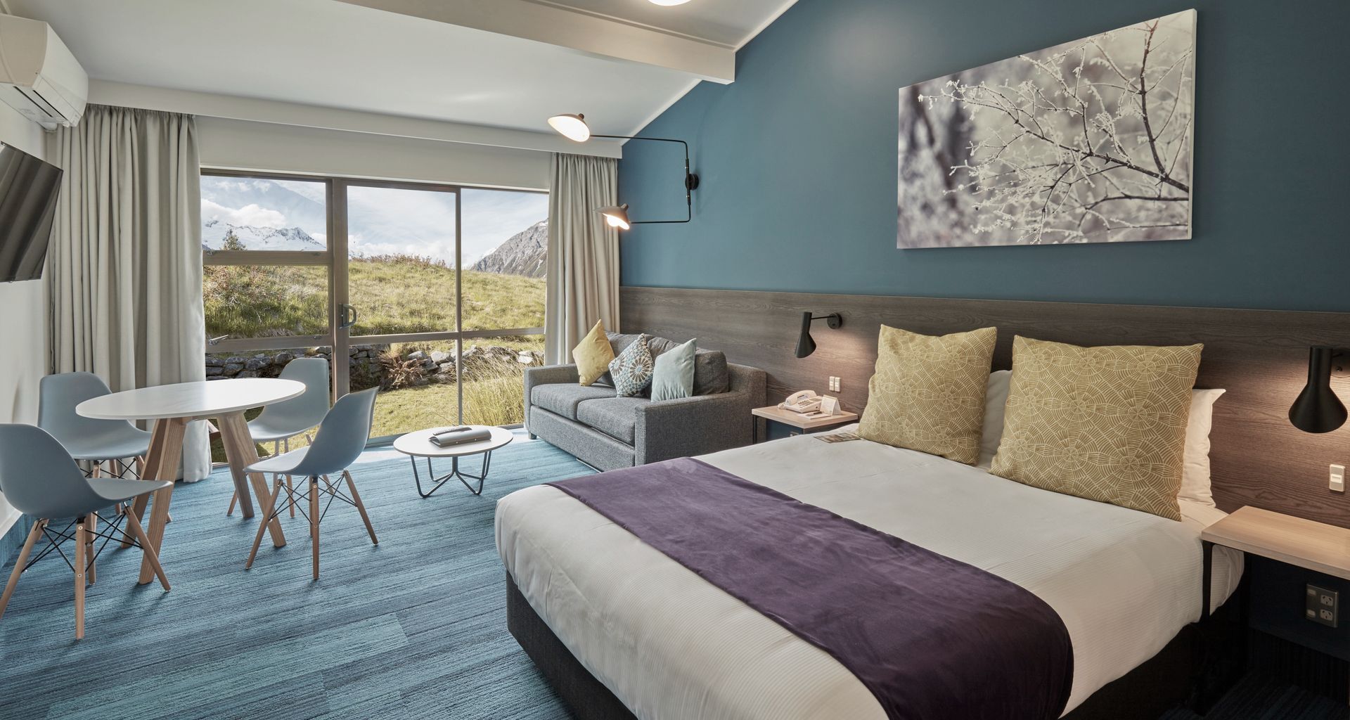 Drawing the outside in with palette and patterns, rooms vary in colour themes.