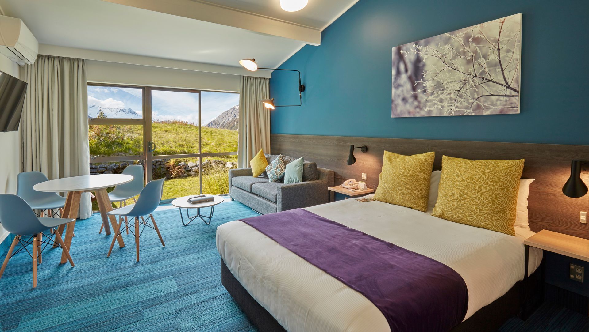 Drawing the outside in with palette and patterns, rooms vary in colour themes.