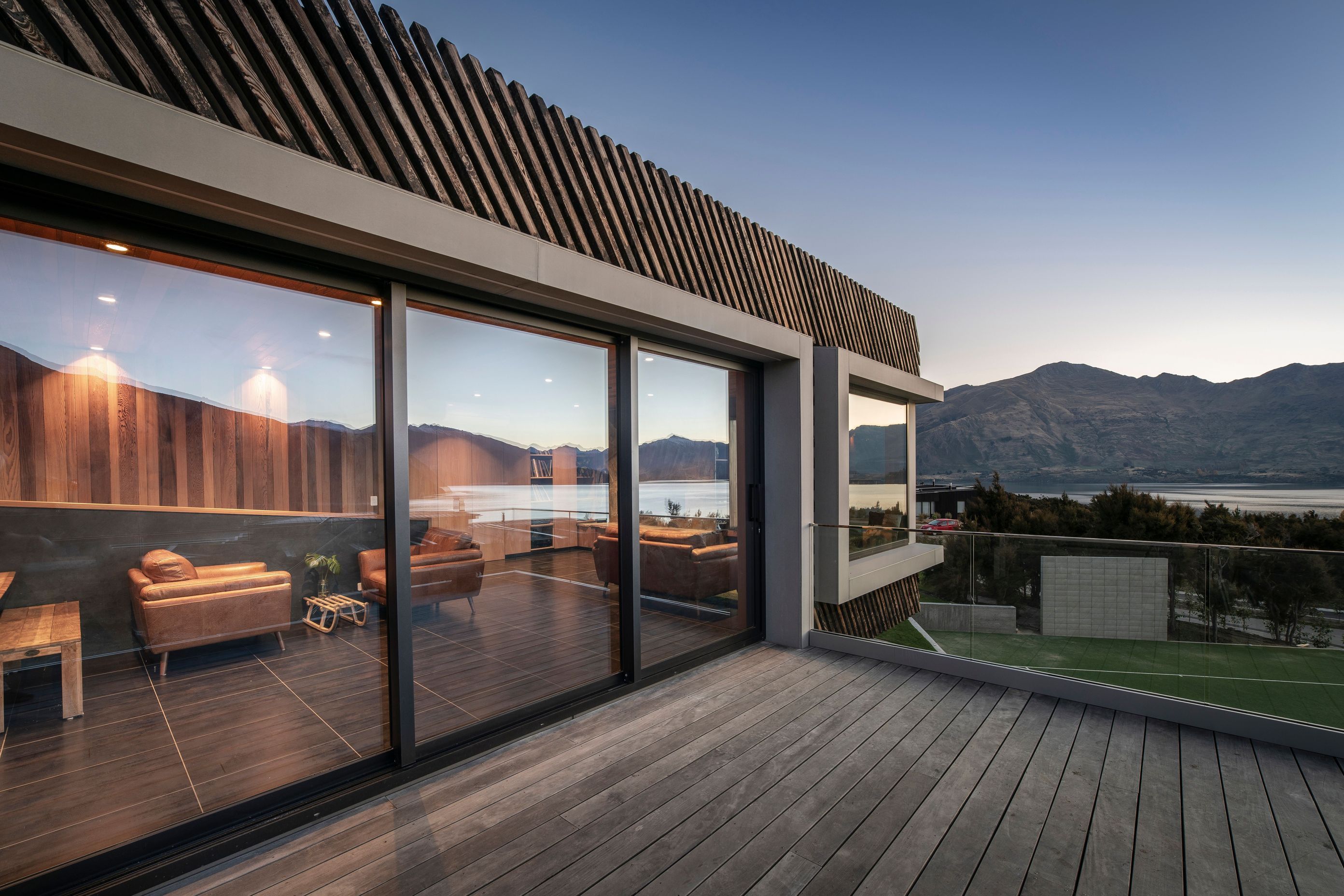 The upper-storey deck leading into the living area.
