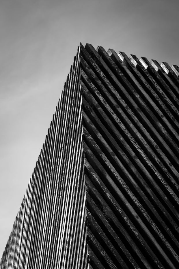 Monochrome close-up architectural view looking upward at the sharp corner of a building facade formed by dense, repeating dark timber-like vertical and diagonal fins or battens. The dramatic perspective emphasizes the ribbed structural pattern against a plain grey sky.