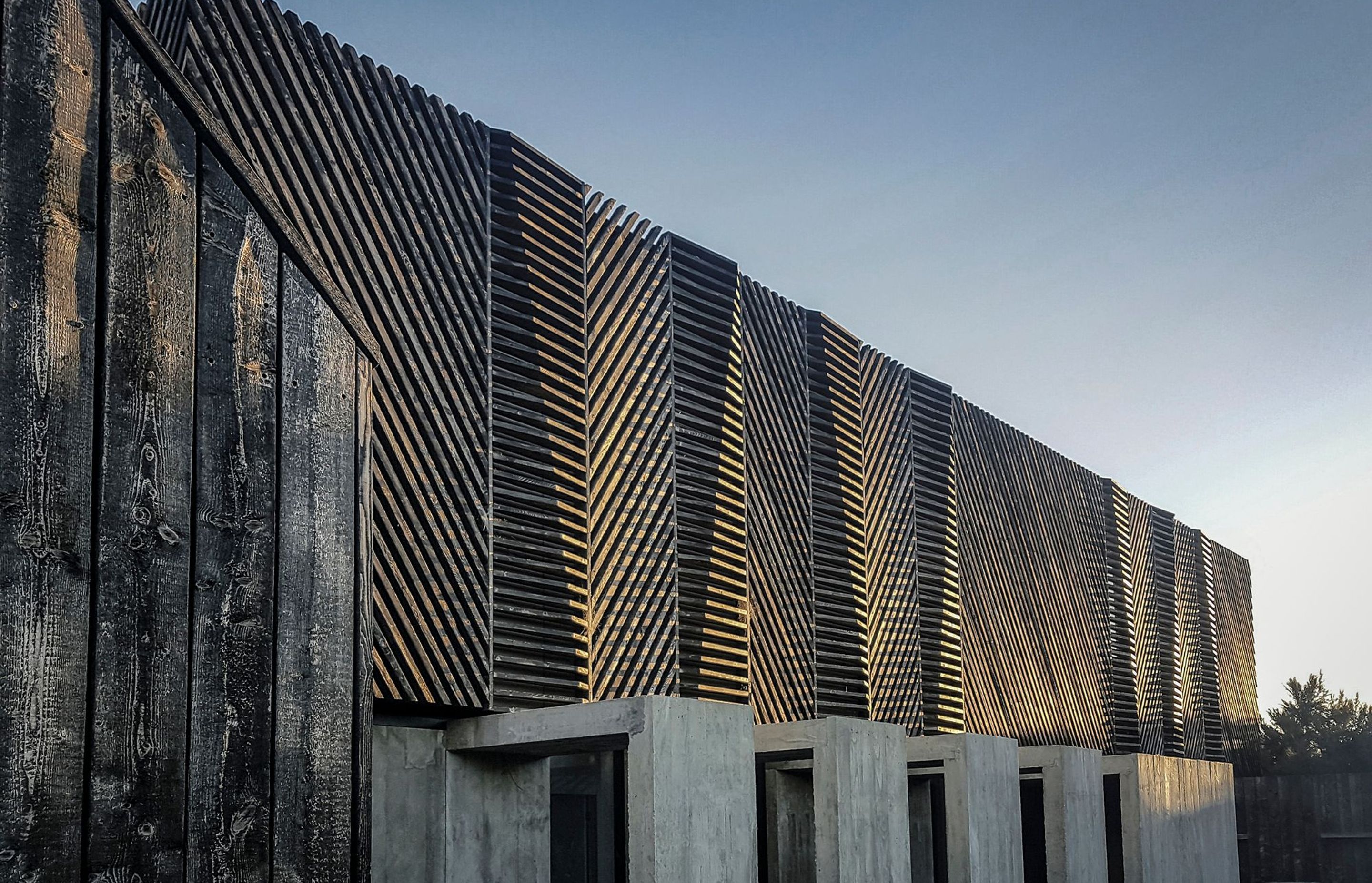 The patterned cladding and rainscreening interprets the windswept form of the native kanuka trees that can be found on the property.