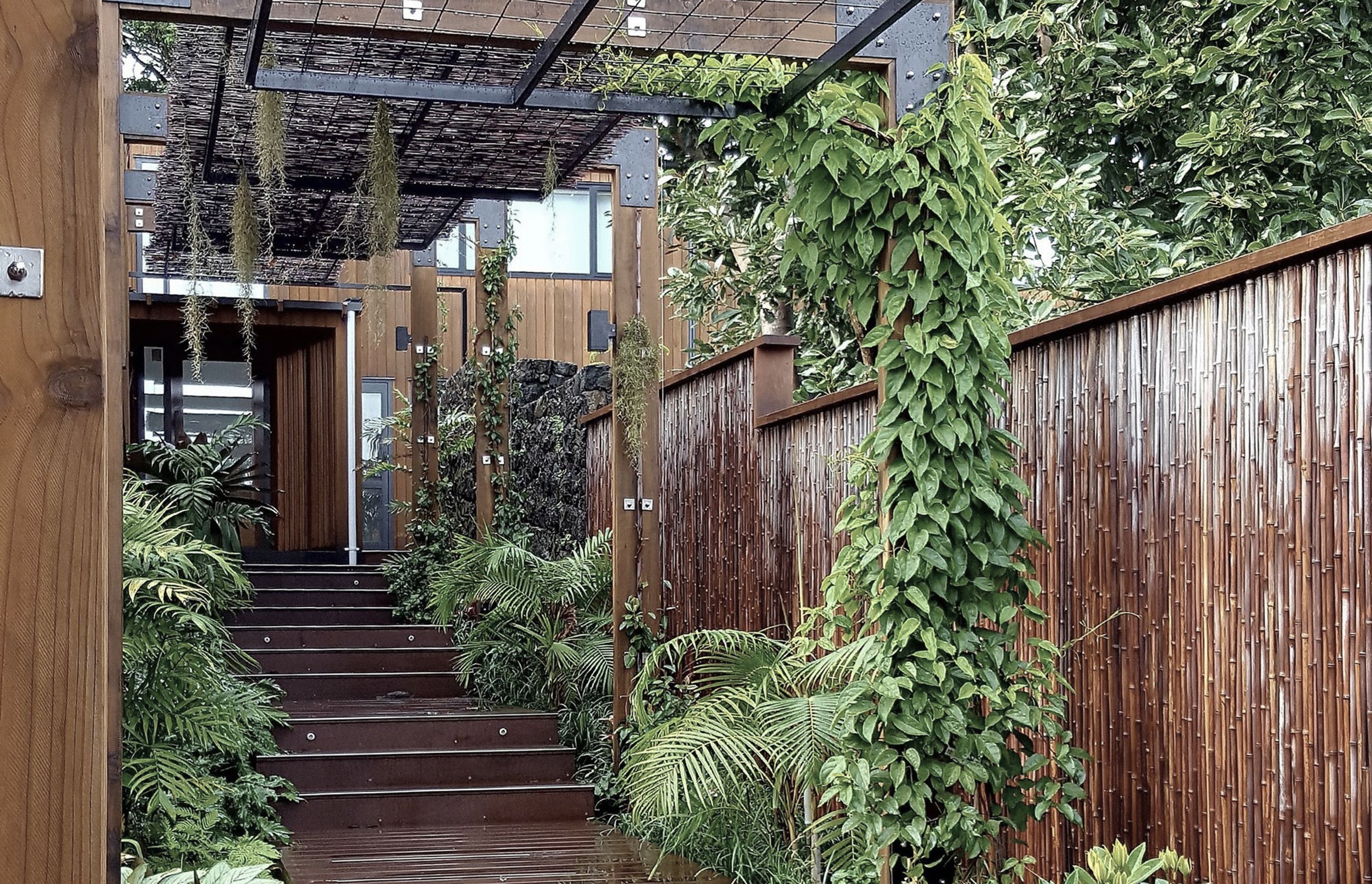 Bamboo cladding to walls and fences harmonises with use of timber in strctures