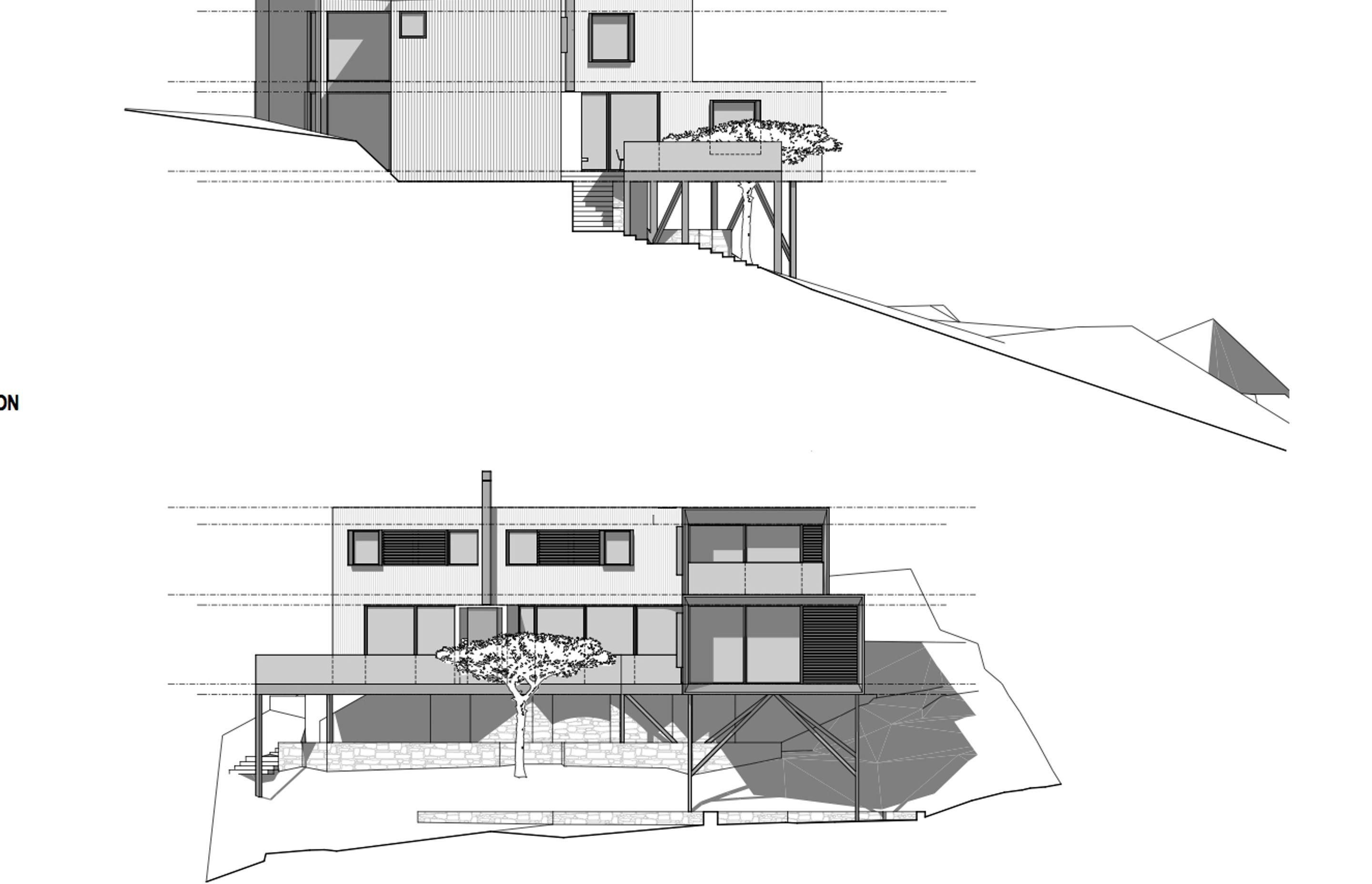 North and west-facing elevations  by Co-Lab Architecture. 