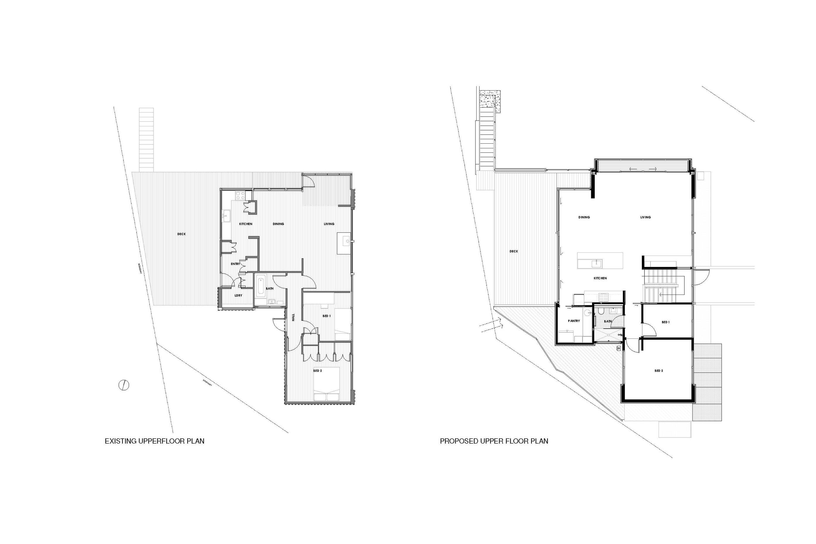 Floorplan showing pre-earthquake layout on the left and post-earthquake layout on the right, with the addition of the internal staircase and repositioned entry.