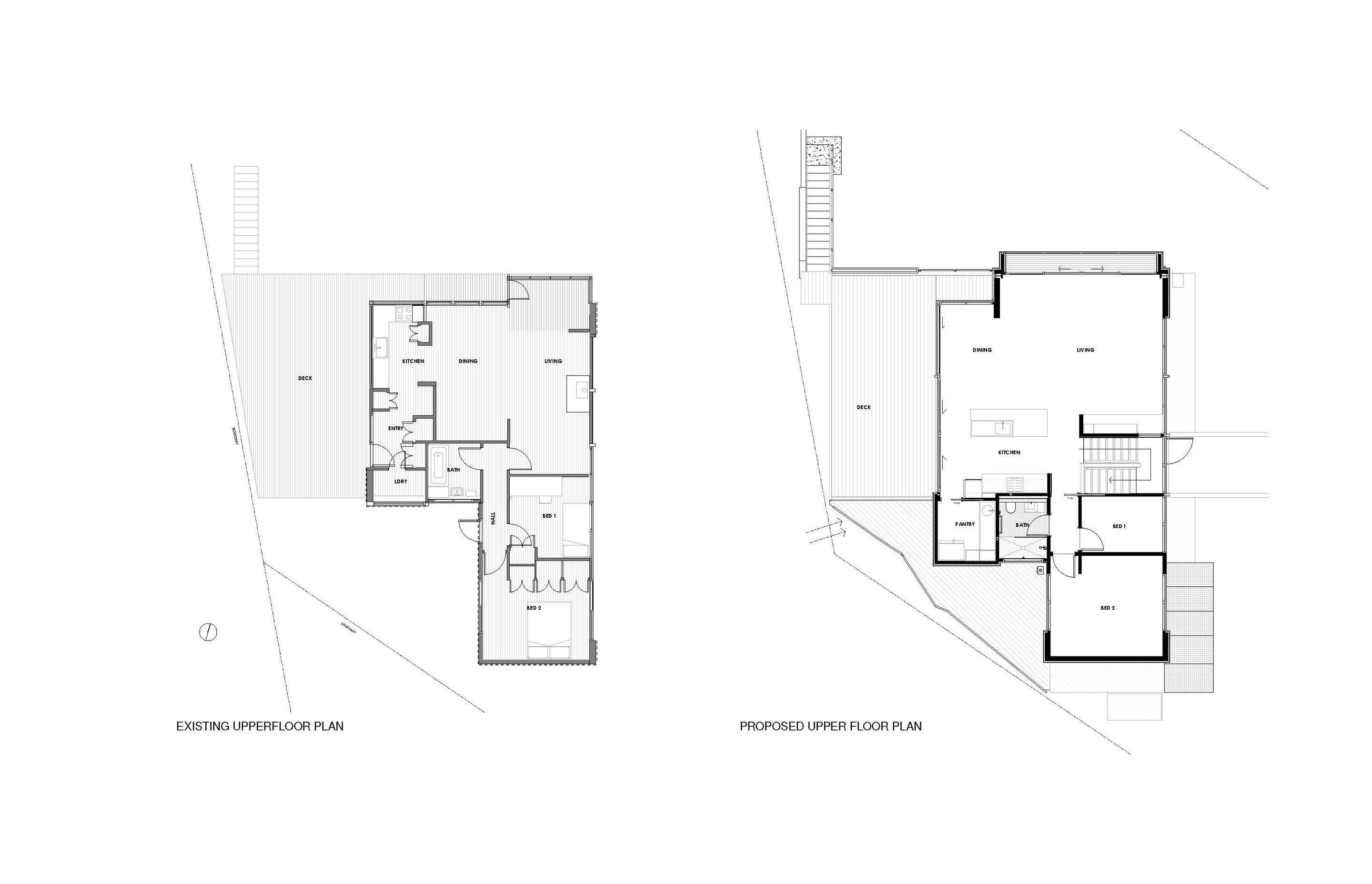 Floorplan showing pre-earthquake layout on the left and post-earthquake layout on the right, with the addition of the internal staircase and repositioned entry.