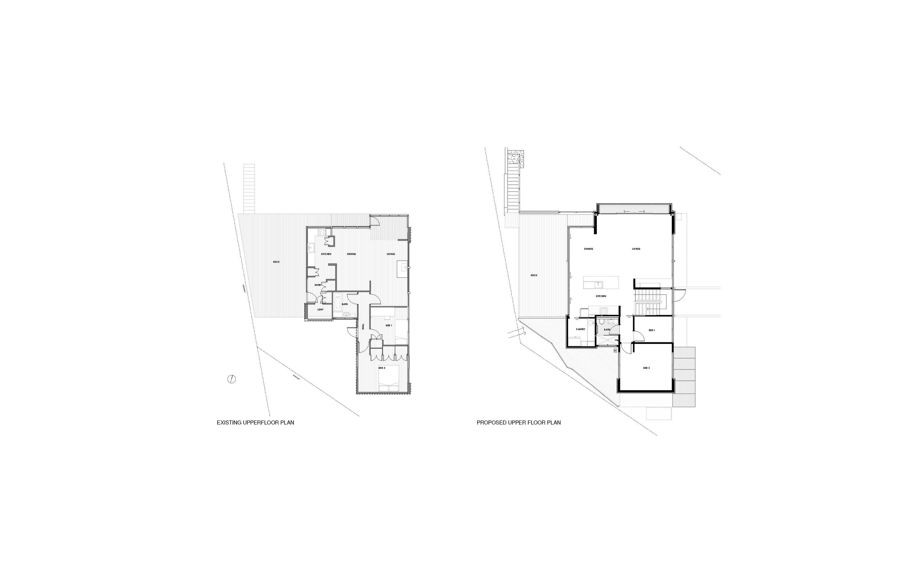 Floorplan showing pre-earthquake layout on the left and post-earthquake layout on the right, with the addition of the internal staircase and repositioned entry.