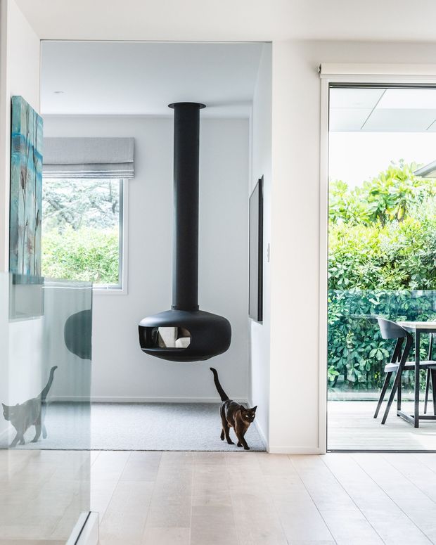 Bright contemporary interior featuring a sculptural black suspended fireplace in a white-walled living area, with a glass balustrade or partition at left, pale flooring, large windows, and a glazed door opening to a leafy outdoor terrace. A cat is visible in the room.