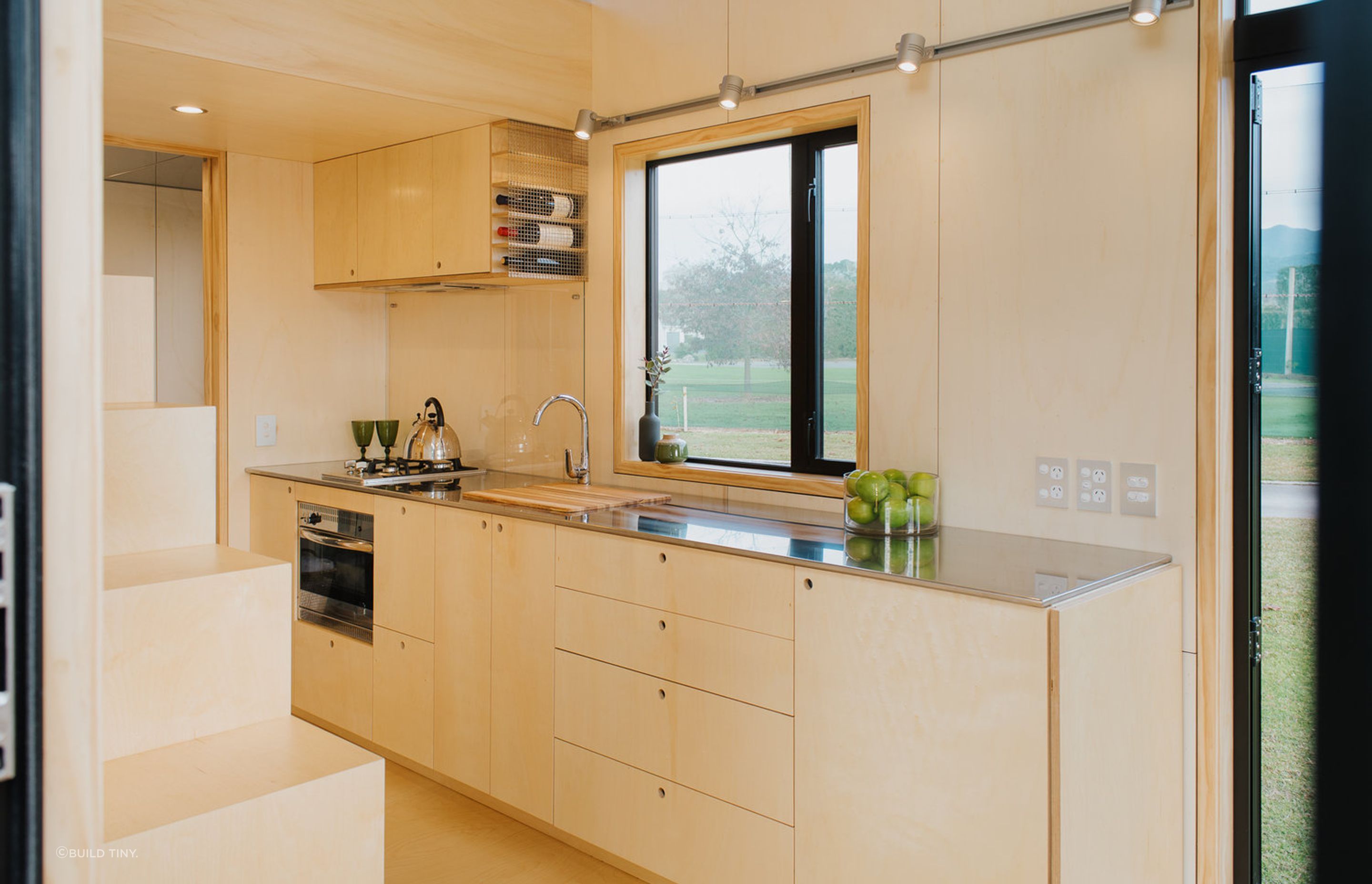 The generous kitchen (for a tiny house) gives the owner plenty of space to enjoy baking. Photography supplied by Build Tiny.