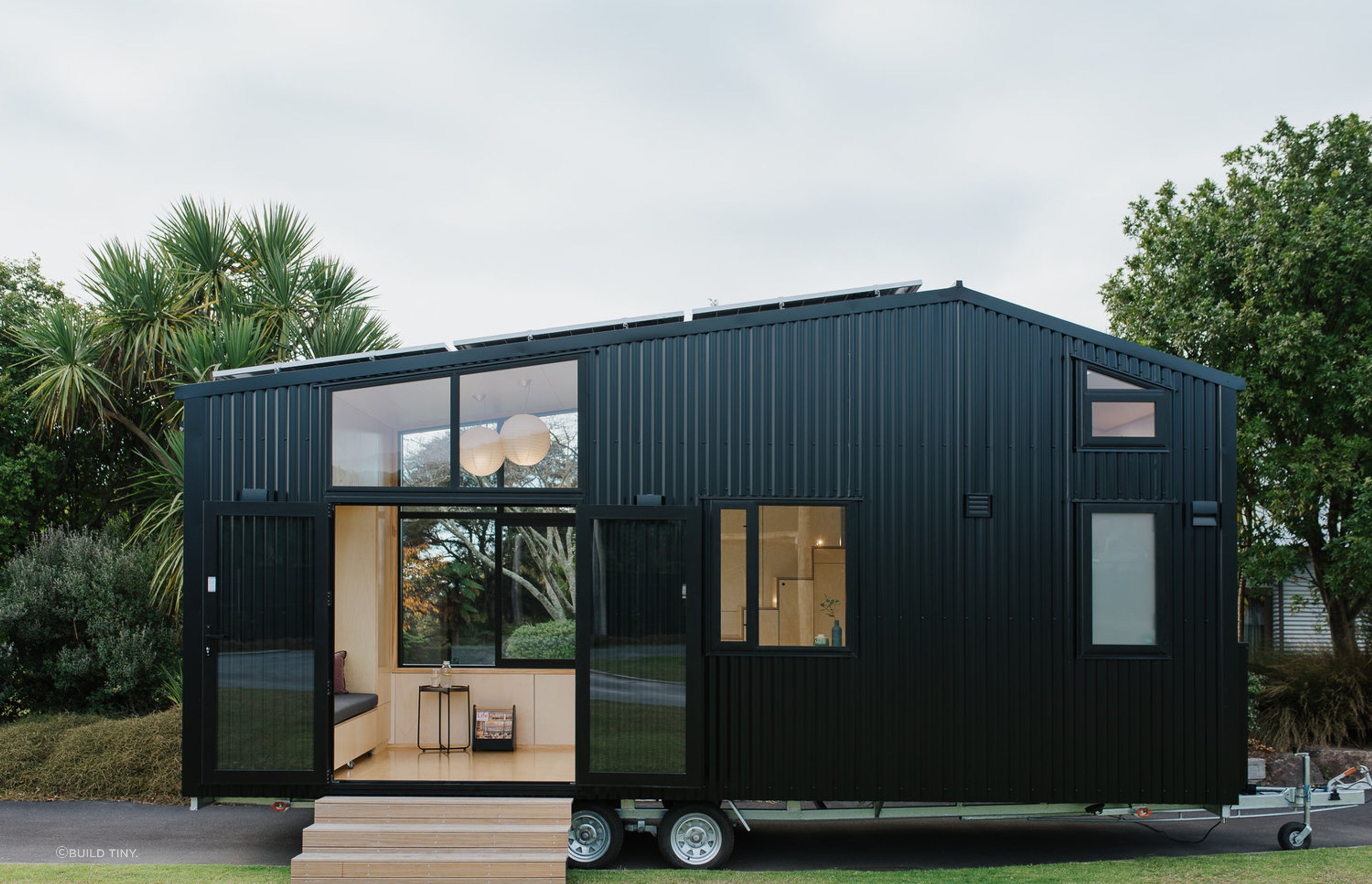 The compact form sits on a trailer that can be transported via a ute. Photography supplied by Build Tiny.