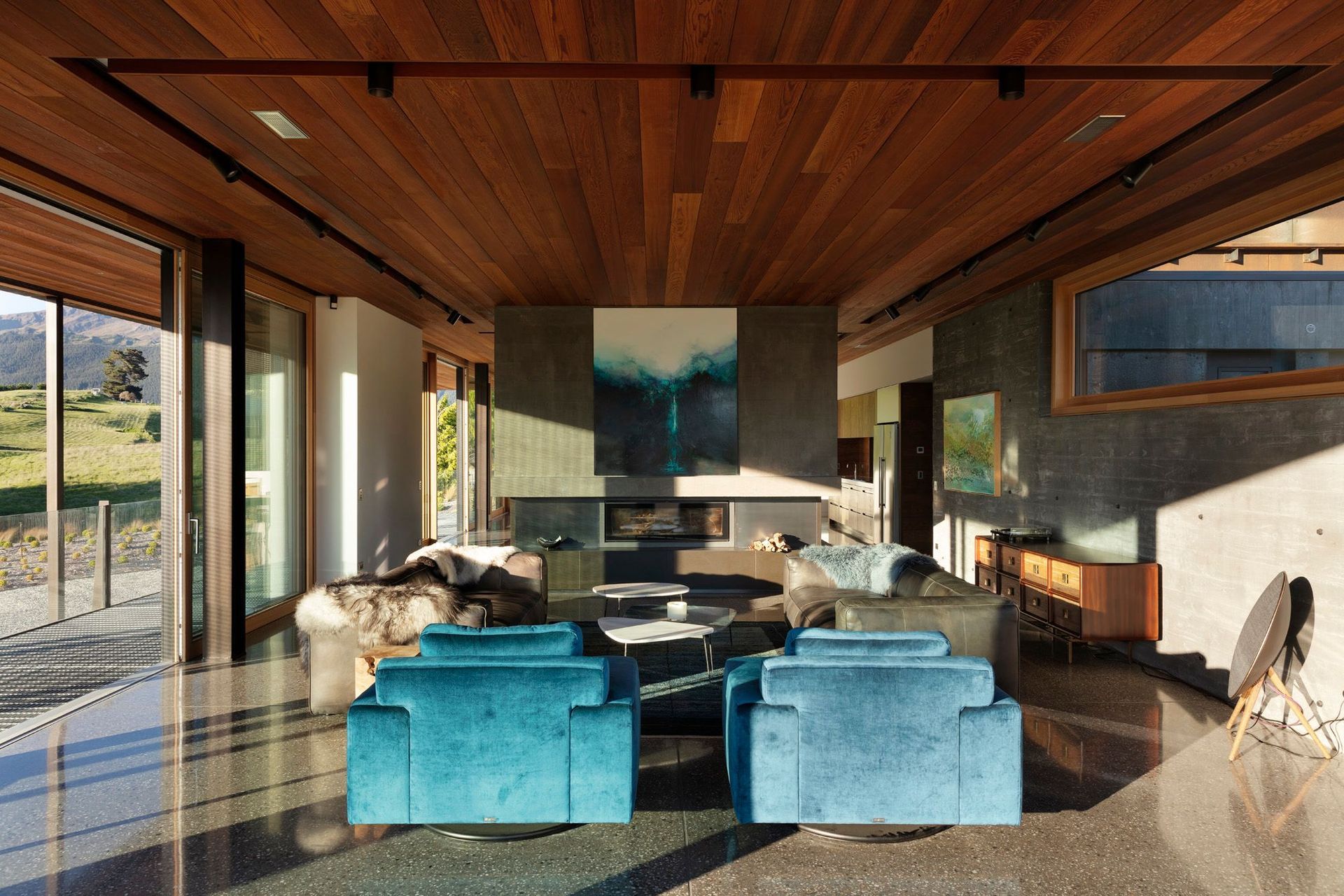 A divider between the lounge and dining/kitchen area breaks up the living space.