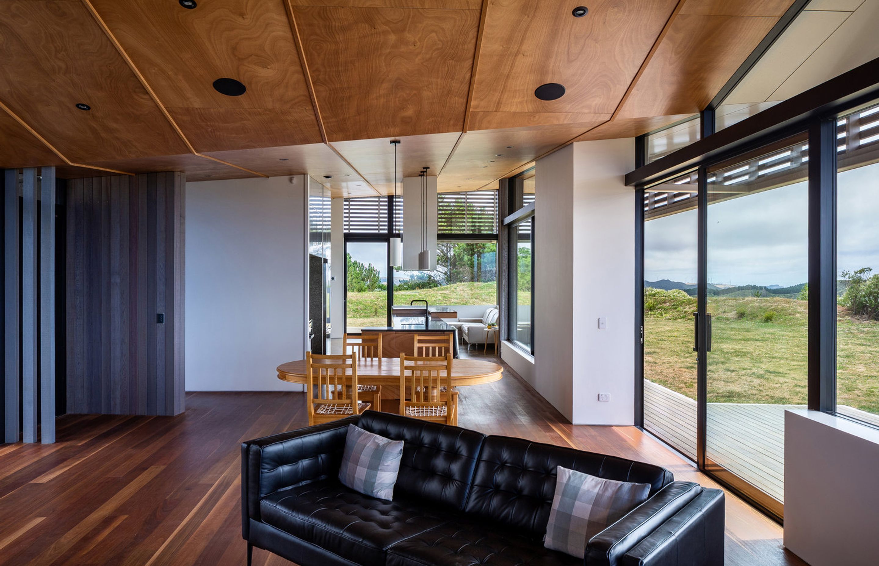 The dramatic plywood ceiling were tricky to construct, especially the joining of the angled battens, but this was beautifully achieved by the builders, Planit Construction.