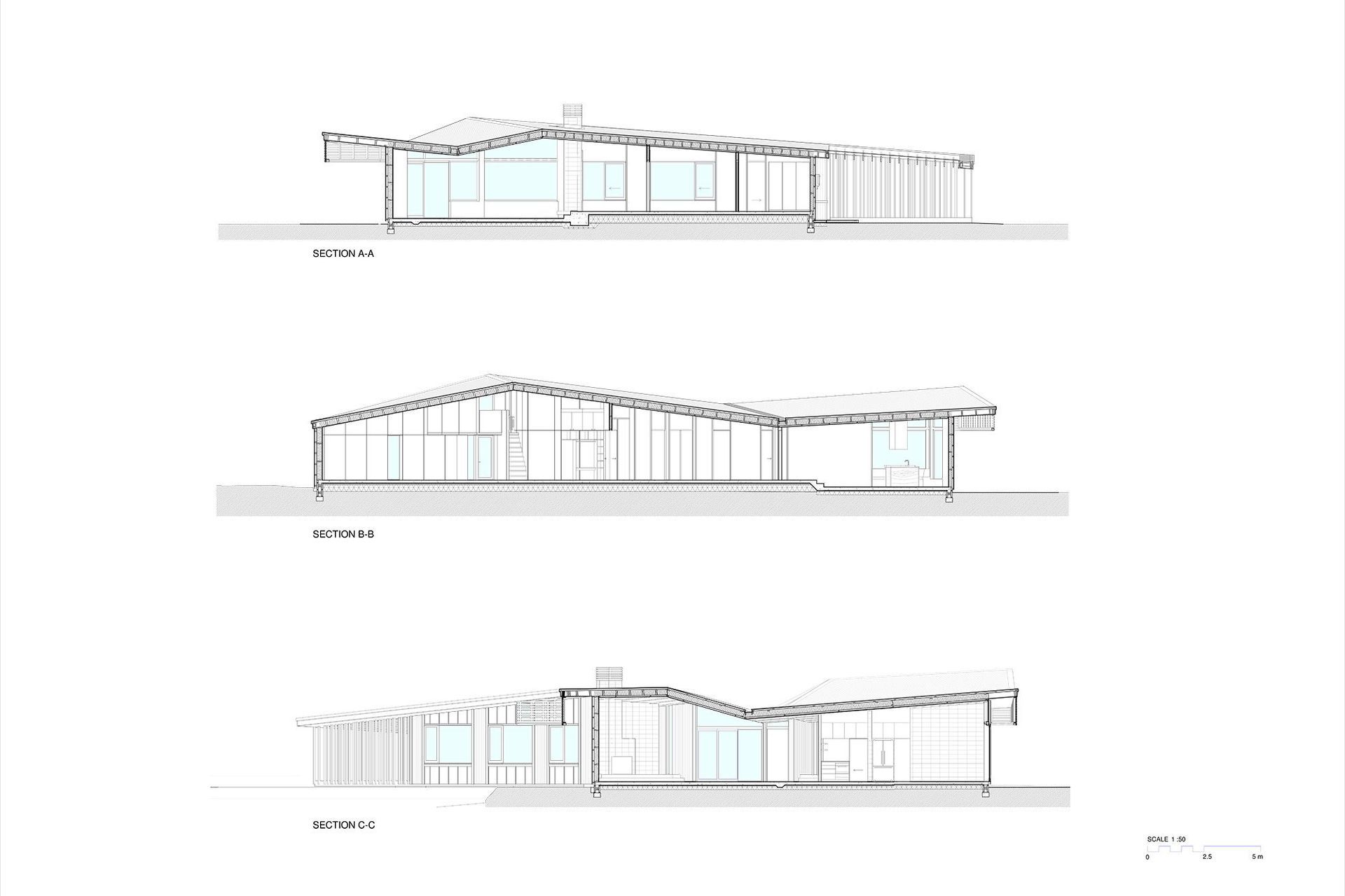 Cross sections of the house provide a sense of the form and the plen.