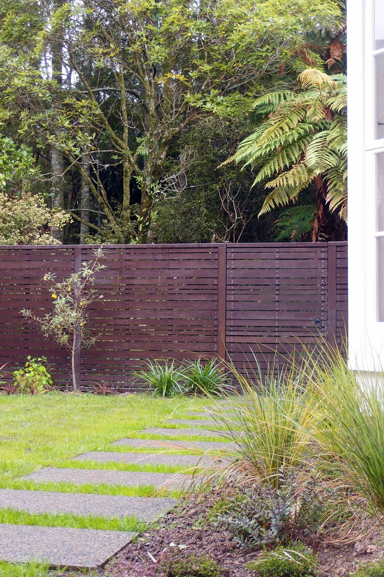 A sunny lawn is crossed by stepping stones and surrounded by native planting selected for its visual interest. The fence separates the dog territory from the wildife zone