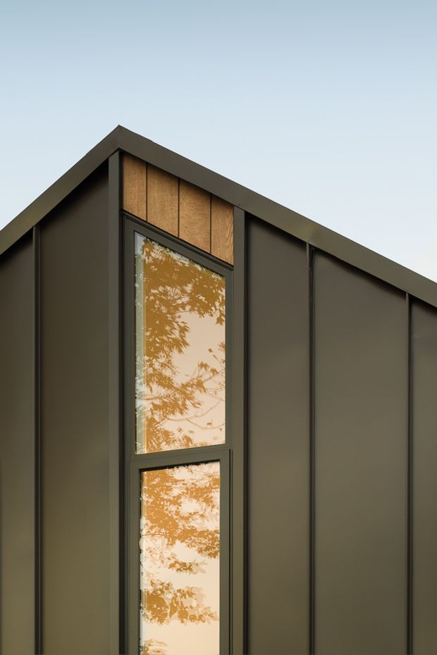Close-up exterior view of a contemporary dark-clad building with a sharply pitched gable roof. The facade features vertical dark metal panels, a tall narrow black-framed window, and a warm timber-toned textured panel above the glazing. Reflections of trees are visible in the window.