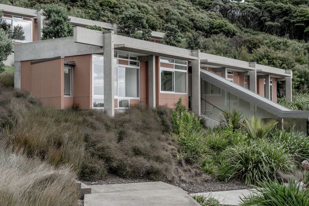A low-profile modern concrete house stepping along a densely vegetated hillside. The building features flat roof slabs, exposed concrete beams and columns, large rectangular windows, muted terracotta wall panels, and a prominent sloping external access structure. Native grasses and layered planting integrate the home into the steep bush setting.