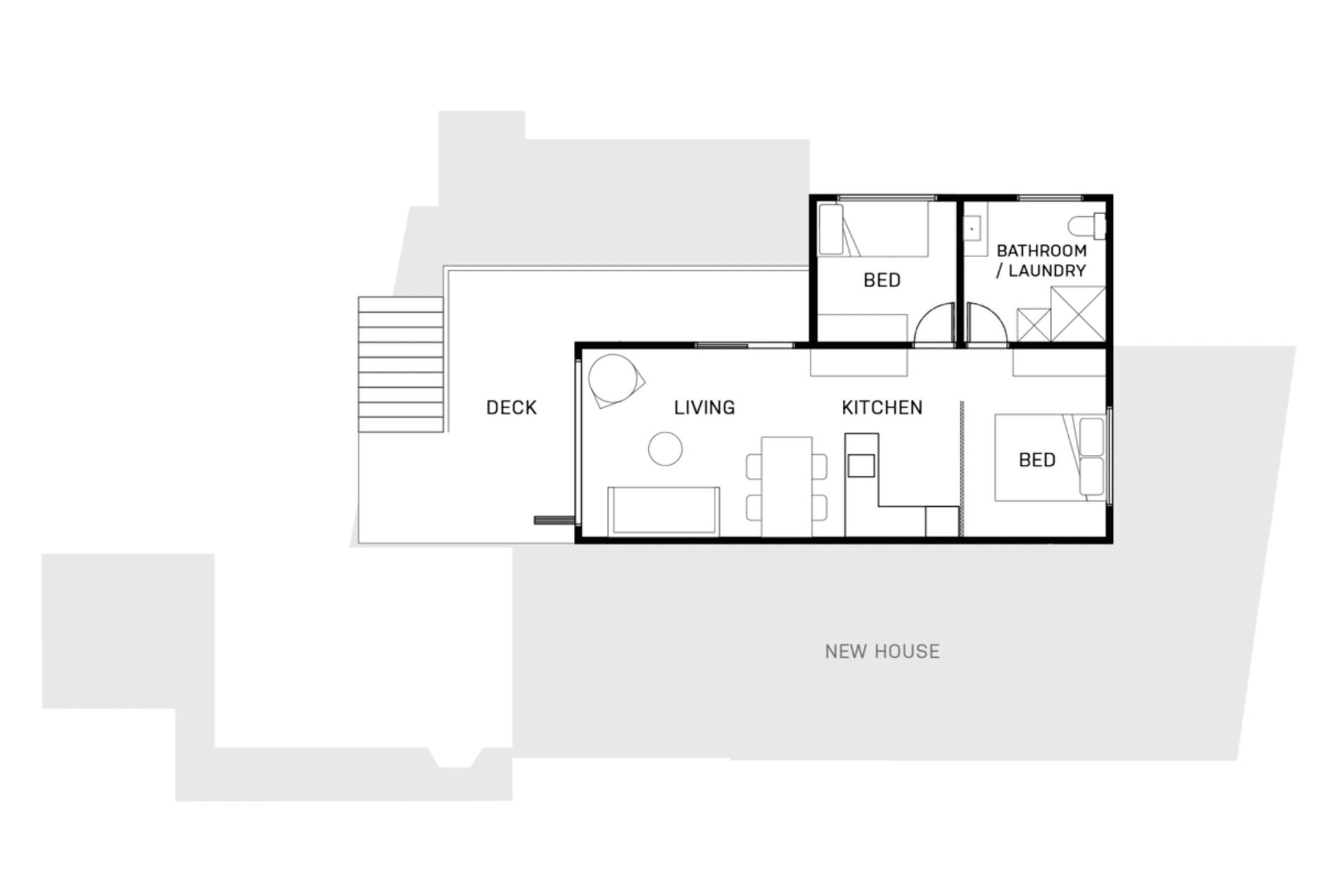 This plan shows the original small bach in the context of the new renovation footprint.  