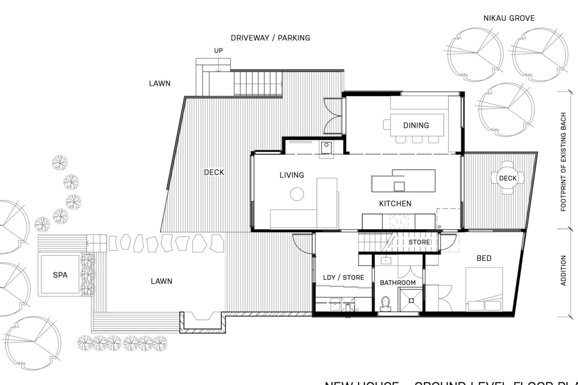 The ground level floor incorporates the original bach footprint (which has now become kitchen, dining and a living spaces), and extends it into a providing a downstairs bedroom, utilities and storage, and extensive outdoor decking and entertaining areas.